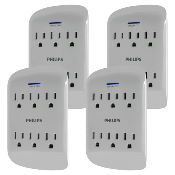 Philips 6Outlet Surge Protector, 900J, Gray, 4 pack