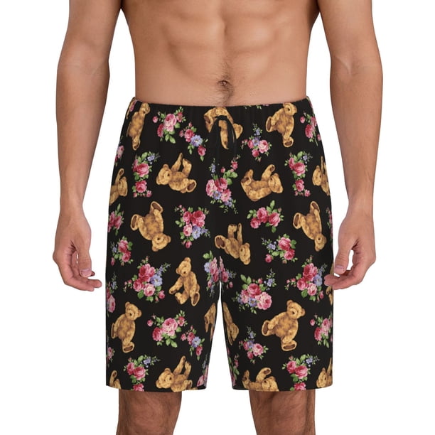 Fotbe Rose Flower Bear Pantalones Cortos de Pijama para Hombre, Ropa de Dormir, Pantalones de Pijama Cortos para Hombre-Large