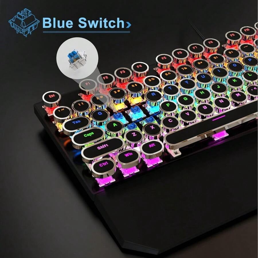 XX Typewriter Mechanical Gaming Keyboard, Retro Black Punk Round Keycaps RGB Rainbow Backlit Wired Keyboards For Laptop PC Gamer, With Magnetic Wrist Rest - Blue Switch