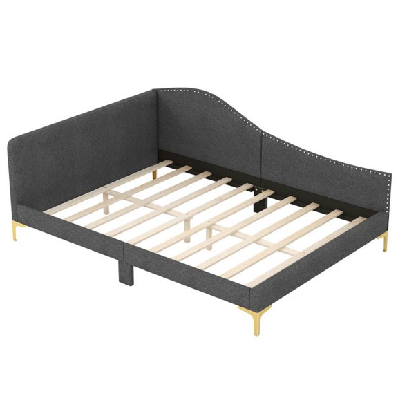 Yardi Yarda Rivet-Tufted Platform Bed with Metal Legs and Wood Slats, Full Size, Simple Bed Frame for Indoor, Gray