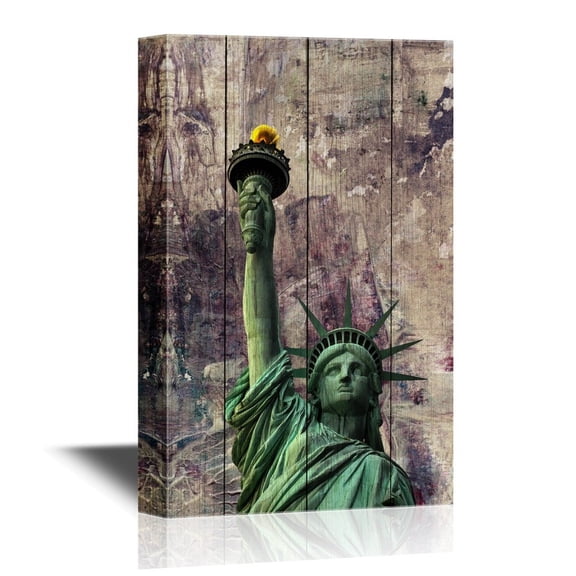 wall26 - Canvas Wall Art - Statue of Liberty on Wood Background - Gallery Wrap Modern Home Art | Ready to Hang - 24x36 inches