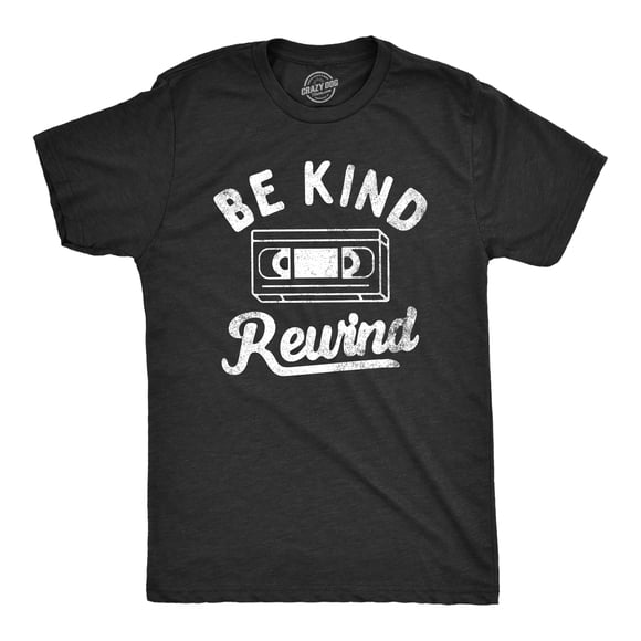Mens Be Kind Rewind T Shirt Funny Retro VHS Tape Joke Tee for Guys (Heather Black - REWIND) - 3XL