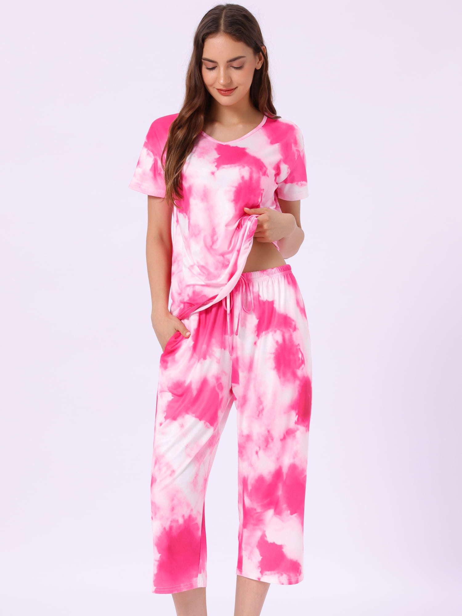 DARING DIVA Women's Short Sleeve Tie Dye Capri Pants with Pockets Loungewear 2XL Rose Red