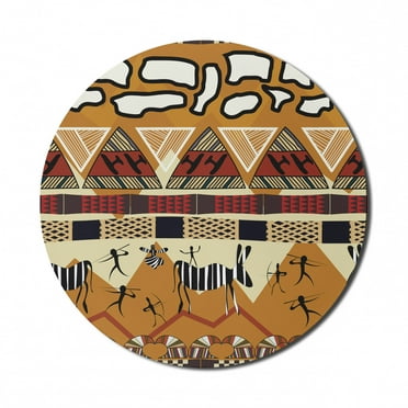Ethnic Mouse Pad for Computers, Style Hunting Zebra Illustration Prehistoric Tribe Life Theme Print, Round Non-Slip Thick Rubber Modern Gaming Mousepad, 8" Round, Ruby Mustard, by Ambesonne