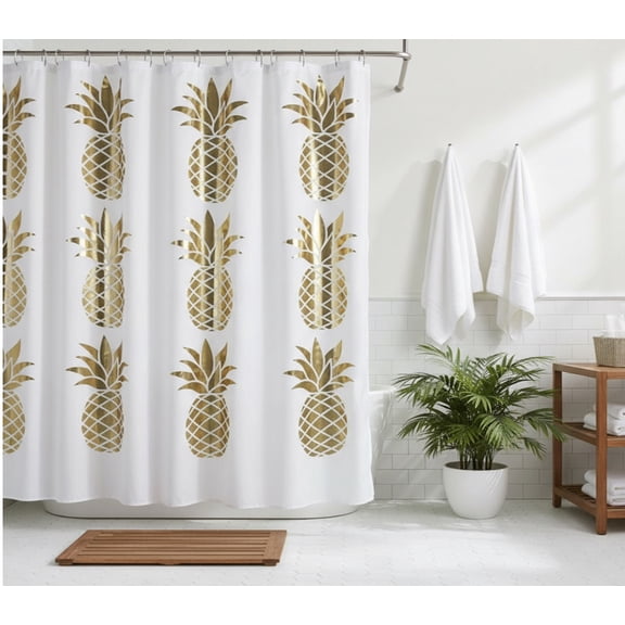 Serafina Home Pineapple Fabric Shower Curtain: Elegant Gold Metallic Design (White) 70" x 72"