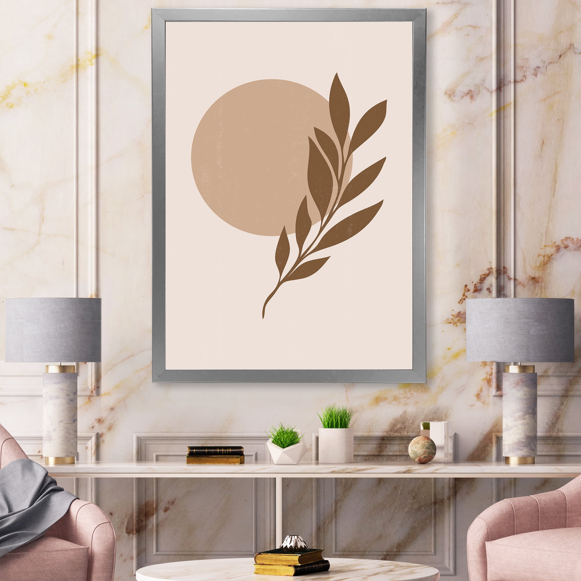 Designart 'Abstract Terracotta Moon and Sun With Tropical Leaf' Modern Framed Art Print