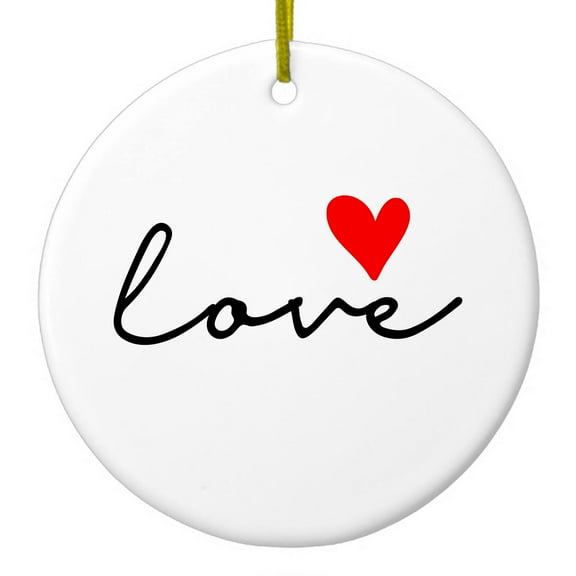 DistinctInk Hanging Ceramic Christmass Tree Ornament with Gold String - Great Gift / Present - 2 3/4 inch diameter - Love Heart Black & Red