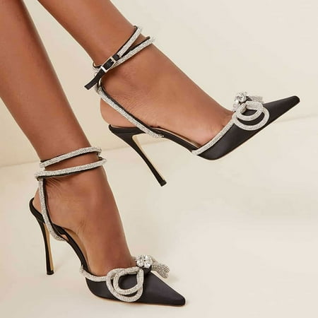 

Erocalli Summer Women s Double Bow Heels Crystal-Embellished Satin Pumps Shoe Blacks Size 7.5