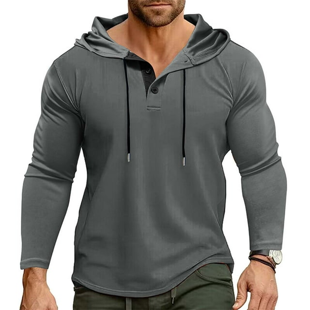 Timegard Hoodies for Men Notched V Neck Button Drawstring Slim Fitting Long Sleeve Pullover Comfy Tops Fall