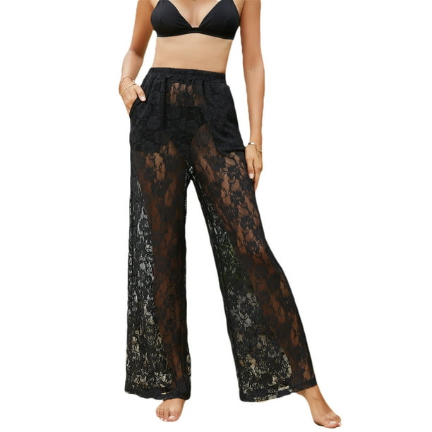 Opperiaya Women Swimming Cover-up Pants Summer Beach See-through Lace Wide  Leg Long Trousers 