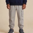 thumbnail image 3 of OSOLU Boys Pants Drawstring Elastic Waist Cargo Pockets Solid Color Jogger Casual Trousers Beige, 3 of 7