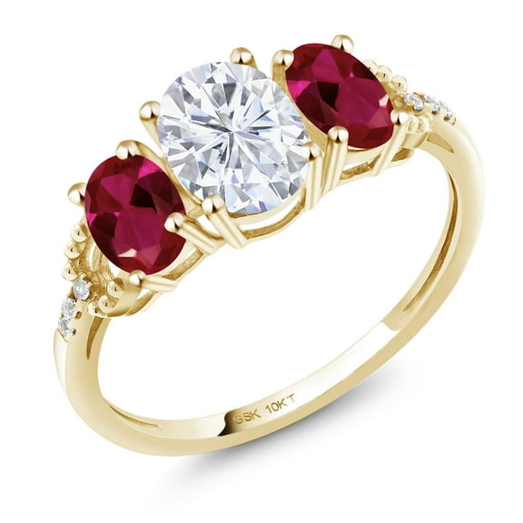 Gem Stone King 10K Yellow Gold Red Created Ruby White Moissanite and Diamond Accent 3-Stone Engagement Ring for Women | 1.92 Cttw | Wedding Engagement Anniversary Promise Ring for Women | Size 5