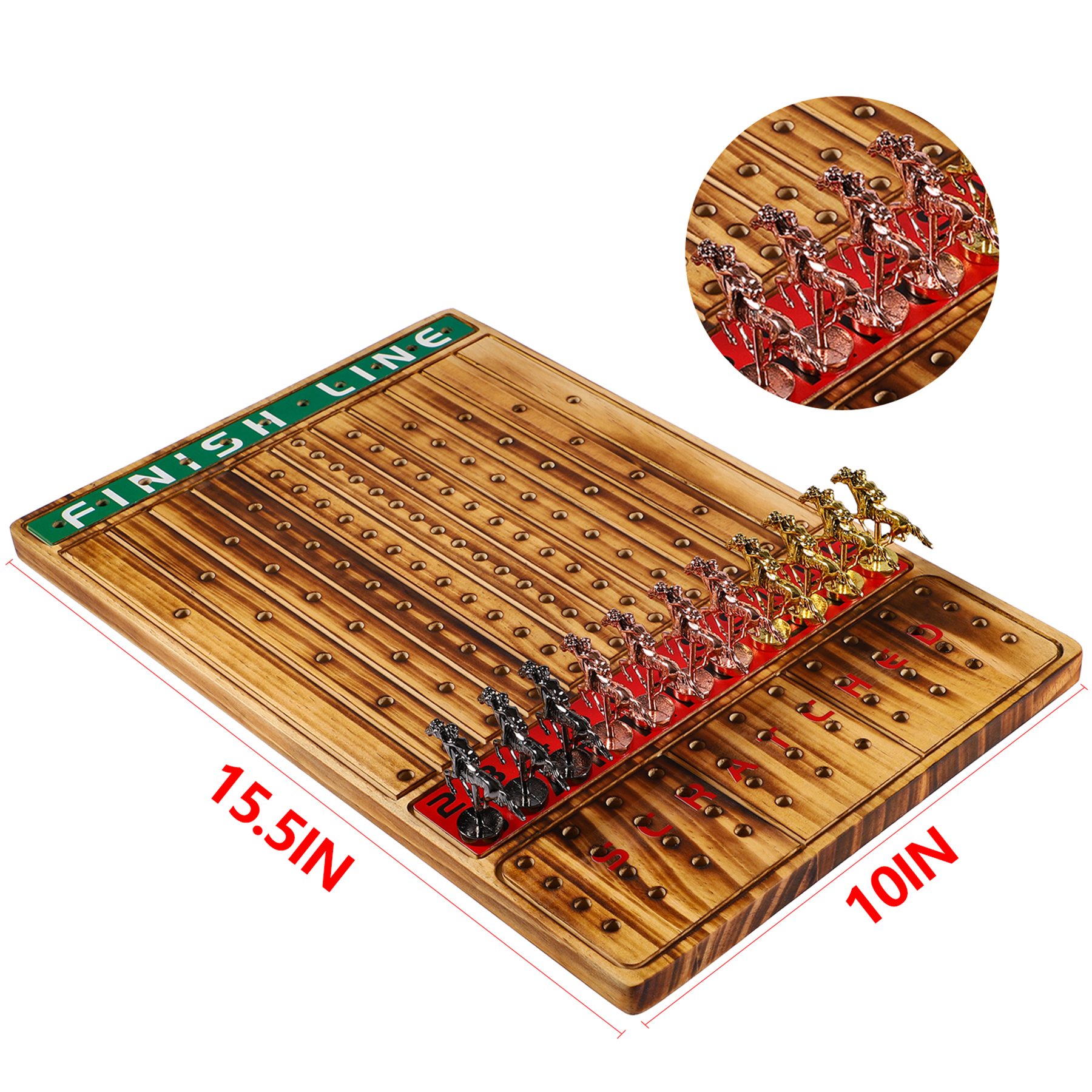 Grhonior Horse Racing Board Game Thickened Wood Finish Line Horse Race Game with 11 Metal Horses for Parties and Gambling