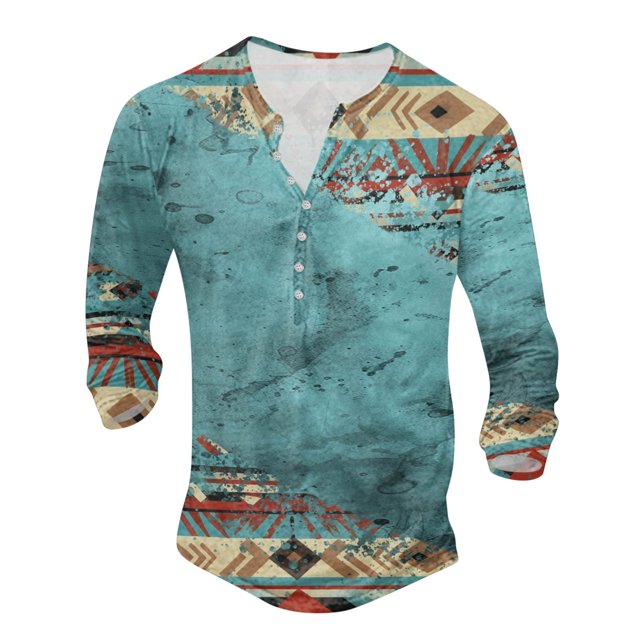 T Shirt Men Male Patchwork Color Crew Neck Button Up Large Size Digital Printed Long Sleeve Mens Shirts Blue XXXXL