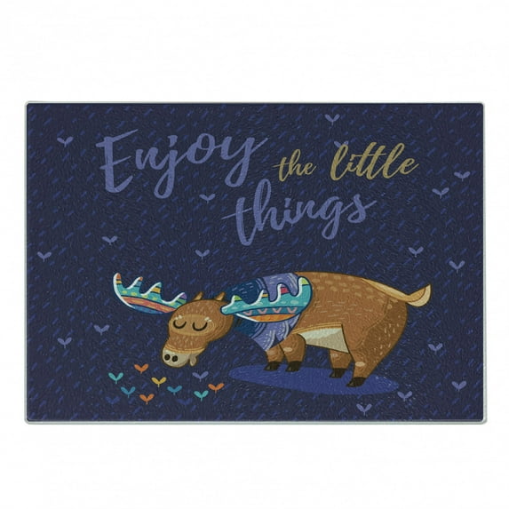 Enjoy the Little Things Cutting Board, Hand Drawn Elk Cartoon Grazing in the Rain and Calligraphy Message, Decorative Tempered Glass Cutting and Serving Board, Small Size, Multicolor, by Ambesonne