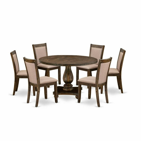 East West Furniture 7 Piece Dining Room Set Includes a Mid Century Dining Table and 6 Dark Khaki Linen Fabric Parson Chairs with High Back - Distressed Jacobean Finish