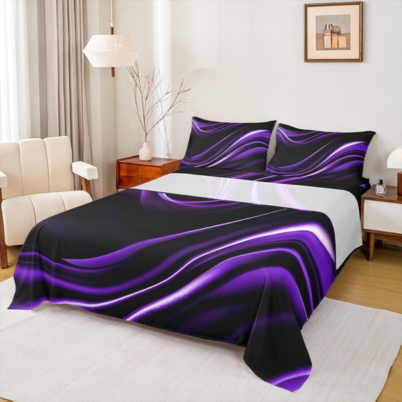 Manfei Geometric Lines Twin Sheet Sets,Minimalism Geometric Line Twin Fitted Sheet,Black Purple Flat Sheet For Girls Boys,Super Cozy Room Decor,3pcs