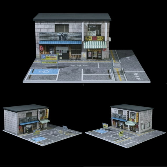 1/64 Diorama Car Garage Model LED Lighting Shown, City Street Building Scene Model, Diecast Car Parking Lot Model Display Case for Home Decor Collection Gift Toys