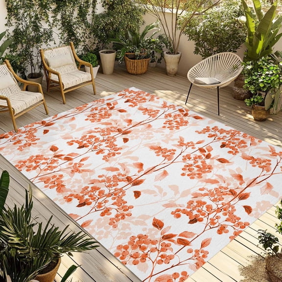 Fsddascl Burnt Orange Botanical Outdoor Rug for Patio/Deck/Porch, Non-Slip Large Area Rug 4 x 6 Ft, Vintage Nature Flower Indoor Outdoor Rugs Washable Area Rugs, Reversible Camping Rug Carpet Runner