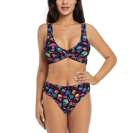 Zeuib colorful mushroom Skull High Waisted Tummy Control Bikini Set - Knot Front Push Up Top & Cheeky Thong Bottom  Two-Piece Swimsuit for Women-XX-Large