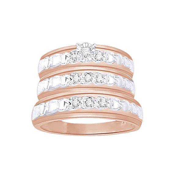 AFFY White Natural Diamond Wedding & Engagement Trio Band Ring Set In 10k Rose Gold (0.17 Cttw)