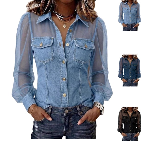Womens Denim Shirt Stylish Casual Long Sleeve Mesh Button Down Jean Shirts Spring Fall Lightweight Breathable Denim Shirt Light Blue M