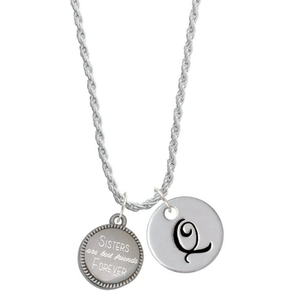 Delight Jewelry Stainless Steel Disc Sisters are Best Friends Forever Silvertone Script Initial Disc - Q - Charm Necklace, 20"+3"