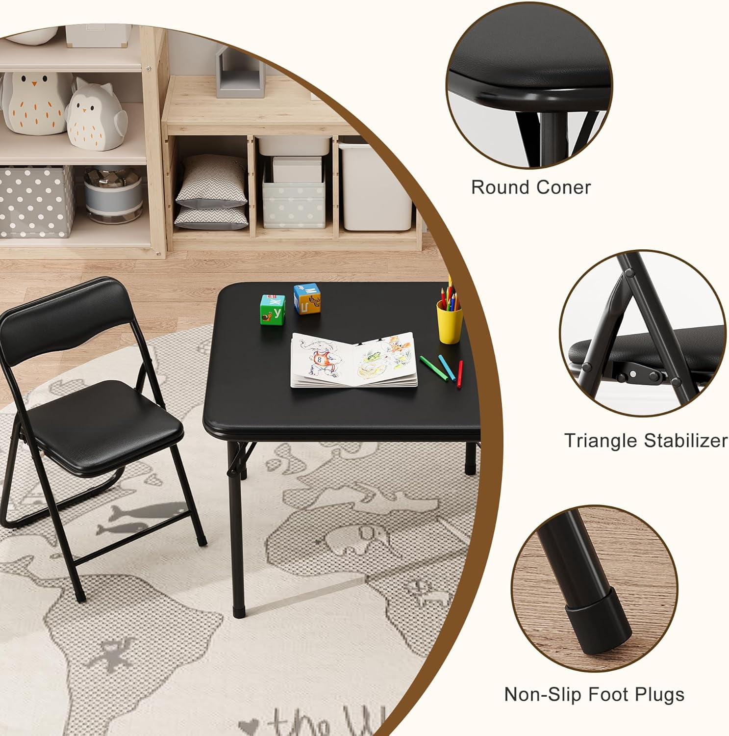 COZONY 3 Piece Kids Folding Table and Chair Set, Pu Soft Cushion, Portable Table and Chair Set for Playing, Reading, Eating, Black
