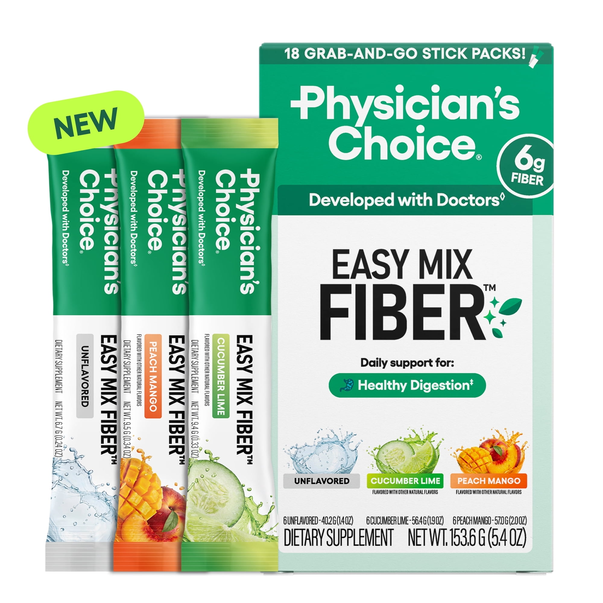 Physician's CHOICE Easy Mix Fiber Stick Packs - GLP-1 Friendly, No Grit, Daily Prebiotic Fiber Powder for Digestive Health & Regularity - On the Go Travel Variety Pack for Women & Men - 18 Count