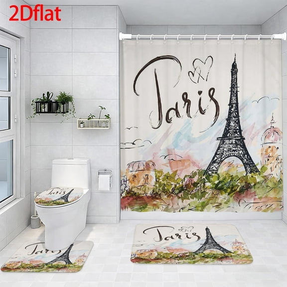 Paris Eiffel Tower Shower Curtain Set with 12 Hooks, Rugs & Accessories