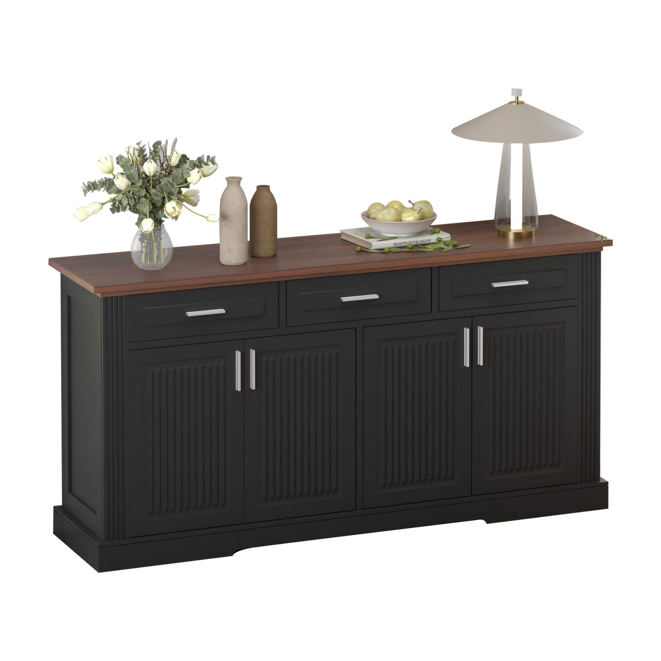Noble House 63" Fluted Sideboard Buffet Cabinet with 4 Doors, Drawers and Adjustable Shelves, Black