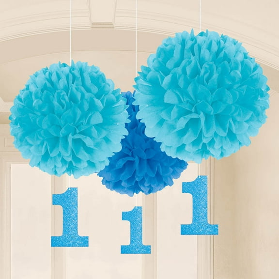 1st Birthday Blue Fluffy Hanging Decorations (16 Pack) - Party Supplies