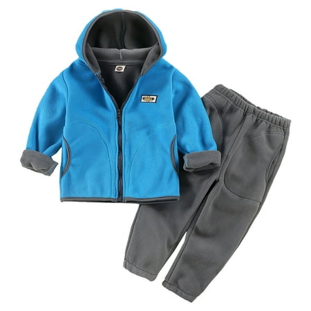 Krdevn Toddler Boys 2 Piece Fall Winter Outfit Zip Up Hooded Jacket and Sweatpants Clothing Set 12-18 Months Blue