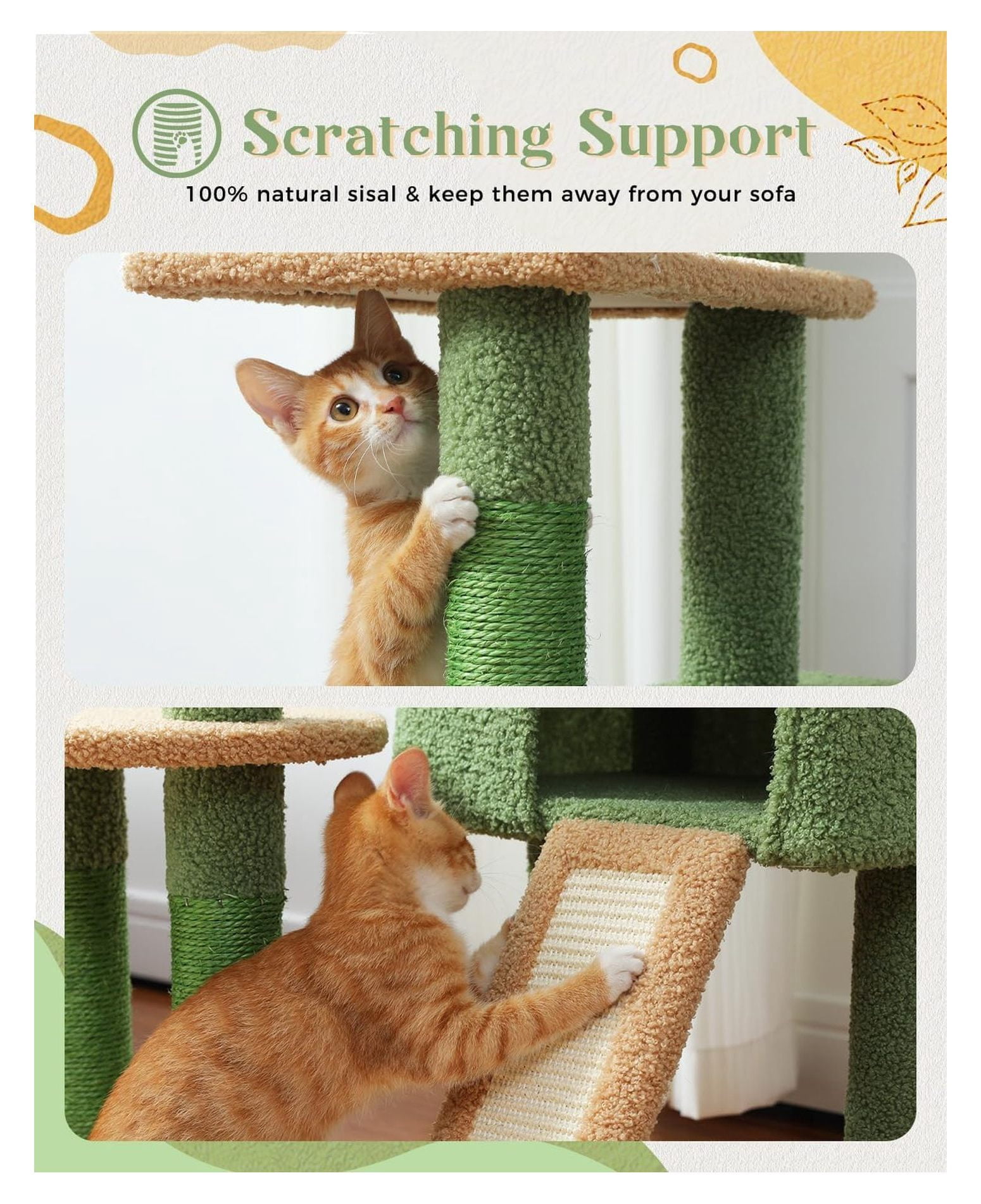 53" Cat Tree Indoor Large Condo, Sisal Scratching Posts, Cactus Design, Multi-Level Cat Tower for Multiple Cats up to 20lbs, Sturdy & Stable