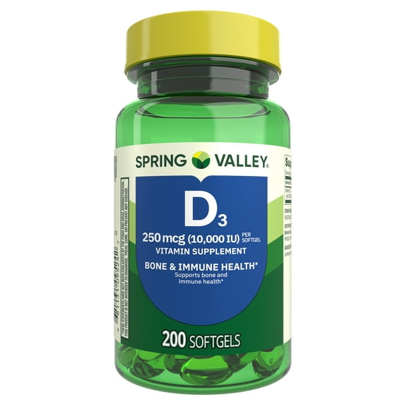 Spring Valley Vitamin D3 Softgels, 250 mcg (10,000 IU), 200 count, Supplement for Bone and Immune Health
