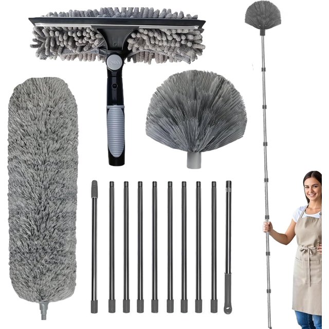 Dusters for Cleaning - Long Duster for High Ceilings | Cobweb Duster Extendable | 2 in 1 Window Cleaning Kit | Multi-Function Ergonomic Dusting Supplies for Shelf Wall Window