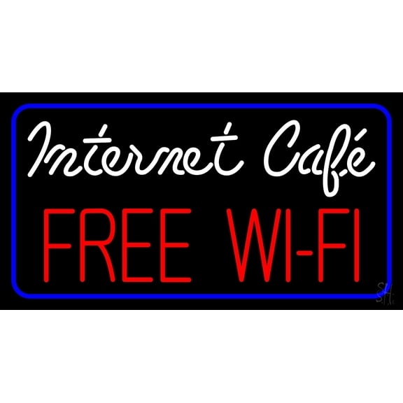 Internet Cafe Free Wifi Blue Border LED Neon Sign 13 x 24 - inches, Clear Edge Cut Acrylic Backing, with Dimmer - Bright and Premium built indoor LED Neon Sign for Computer & Electronics store decor.