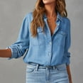 thumbnail image 2 of Stichou Women Button Down Denim Shirts Casual Long Sleeve V Neck Fall Fashion Blouse Top Blue L, 2 of 5