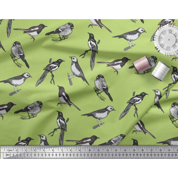 Soimoi Green Cotton Duck Fabric Artistic Bird Print Fabric by Yard 44 Inch Wide