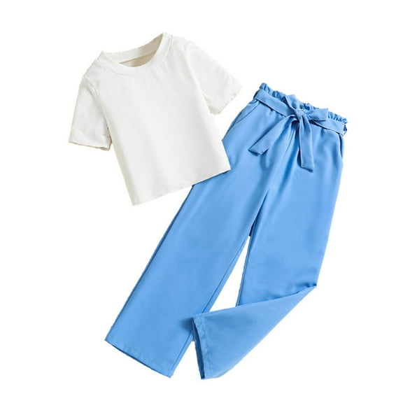 Xijirk Girls Outfits Summer Suit Set Short Sleeve Top and Pants New Casual Clothes for Warm Weather Play Outdoor Fun and Daily Activities,Blue,11-12 Years