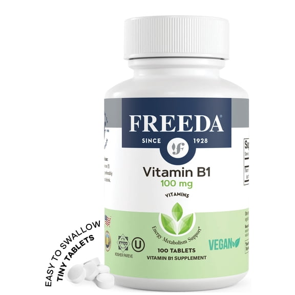 Freeda Vitamin B1 Thiamine Supplement 100 mg | Supports Energy & Metabolism | Vegan, Gluten Free | 100 Tablets