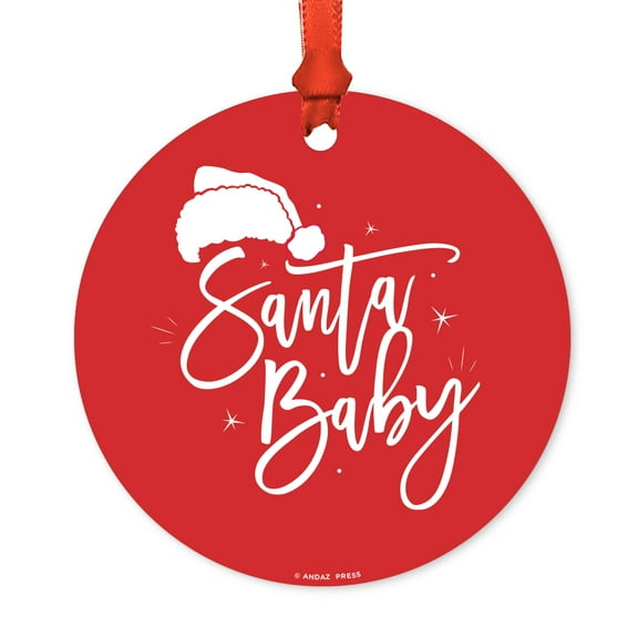 Elegant Scripted Calligraphy Round Metal Christmas Ornament, Santa Baby, Includes Ribbon and Gift Bag