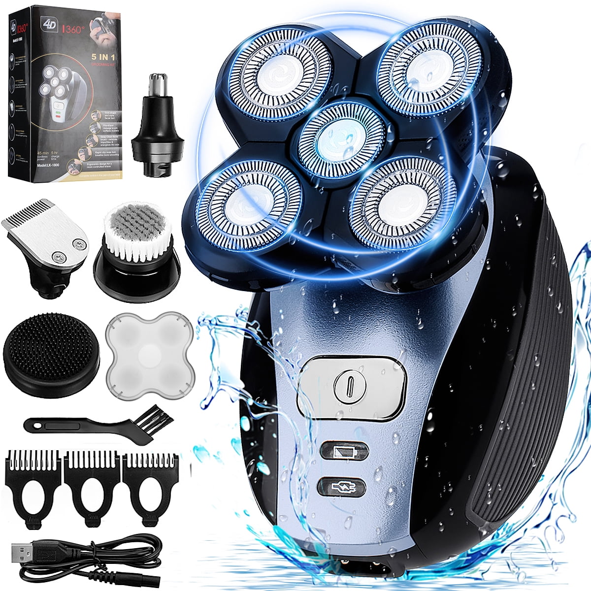 Bald Head Shaver, 5 in1 Electric Razor Waterproof Rechargeable Electric