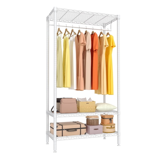Metal Clothes Rack, 3 Tier Standing Clothing Rack with 1 Hanger Rod & 3 Open Shelves, Portable Closet Organizer for Hanging Clothes, for Bedroom Dorm Laundry, 35.4" W x 17.7"D x 68.9"H, White