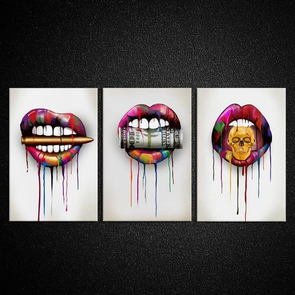 Hieng Canvas Prints Abstract Lips with Bullet Money Dollars and Skull Wall Art Painting Wooden Modern Home Decor for Man Cave Bedroom Walls Decor Office Bar Ideal Gifts(no frame, just canvas)