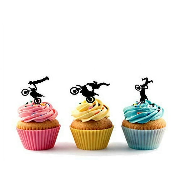 12 x MotoCross Silhouette Trio Mix Acrylic Cupcake Toppers Decor 12 pcs