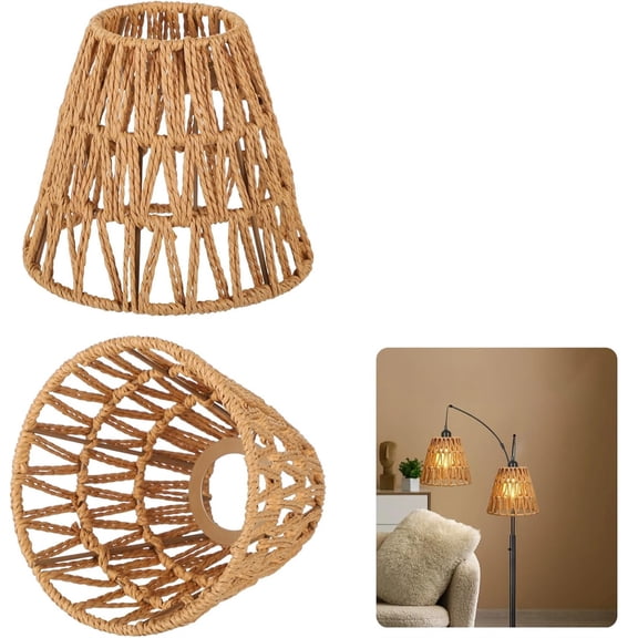 NOGIS 2 PCS E27 Rattan Lamp Shade,Bell Woven Wicker Lampshades Replacement,Paper Rope & Metal Frame,Bohemian Style Light Shade Replacement for Table Lamps,Pendant Lights,Wall Lights