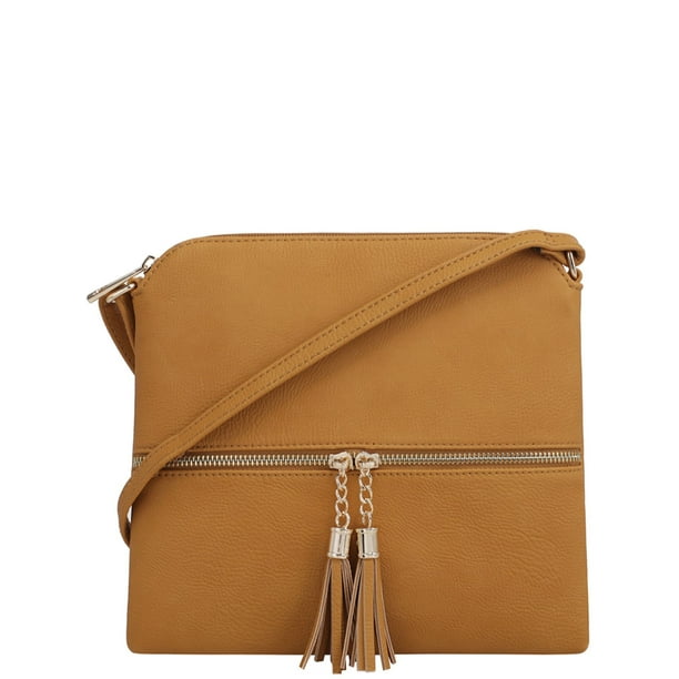 Deluxity Lightweight Medium Lady Crossbody Bag with TasselMustard