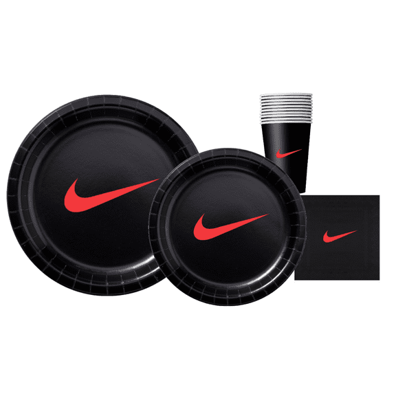 Custom 60 piece Party Pack with Paper Plates, napkins and Cups, Black with Red Sw00sh, Party Supplies Set