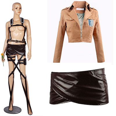 Disfraz de ataque a los Titanes Levi Ackerman, chaqueta de Shingeki no Kyojin, Recon Corps, falda de cuero, cinturones de gancho, tirantes